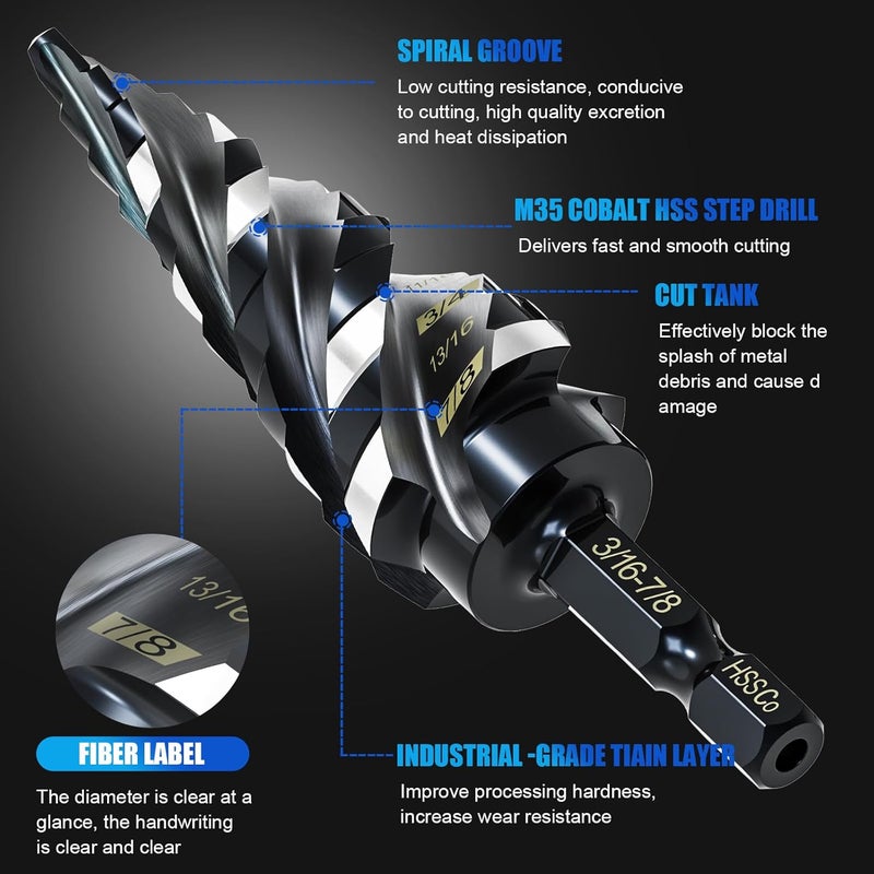 BOYOUYS مجموعة مثقاب خطوة بأربعة شفرات لولبية M35 1/8"-7/8" (3 قطع)، مثقاب خطوة بمقبض سداسي 1/4"، مثقاب خطوة من الكوبالت M35 مقاوم للصدمات، للصلب المقاوم للصدأ، الخشب، الألمنيوم، البلاستيك - Image 4